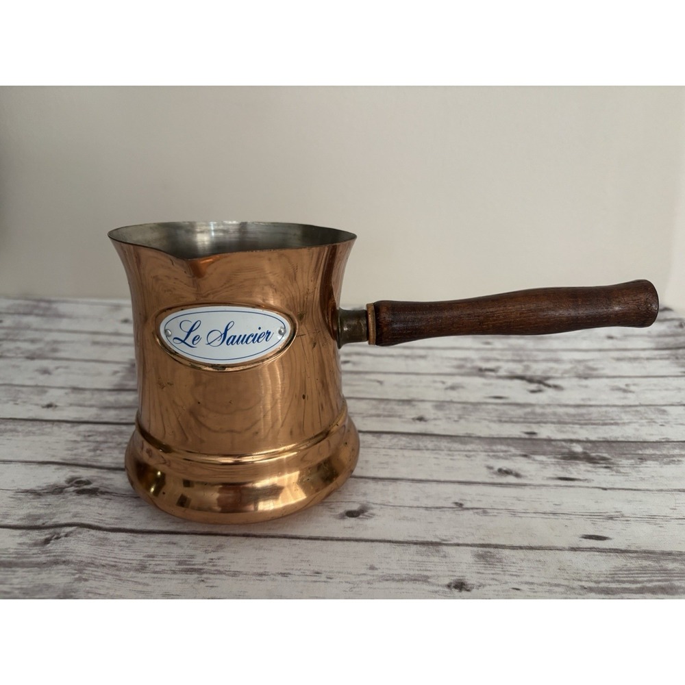 Vintage 1984 Copper Teleflora LE SAUCIER Wood Handle Milk Warmer Sauce Pots